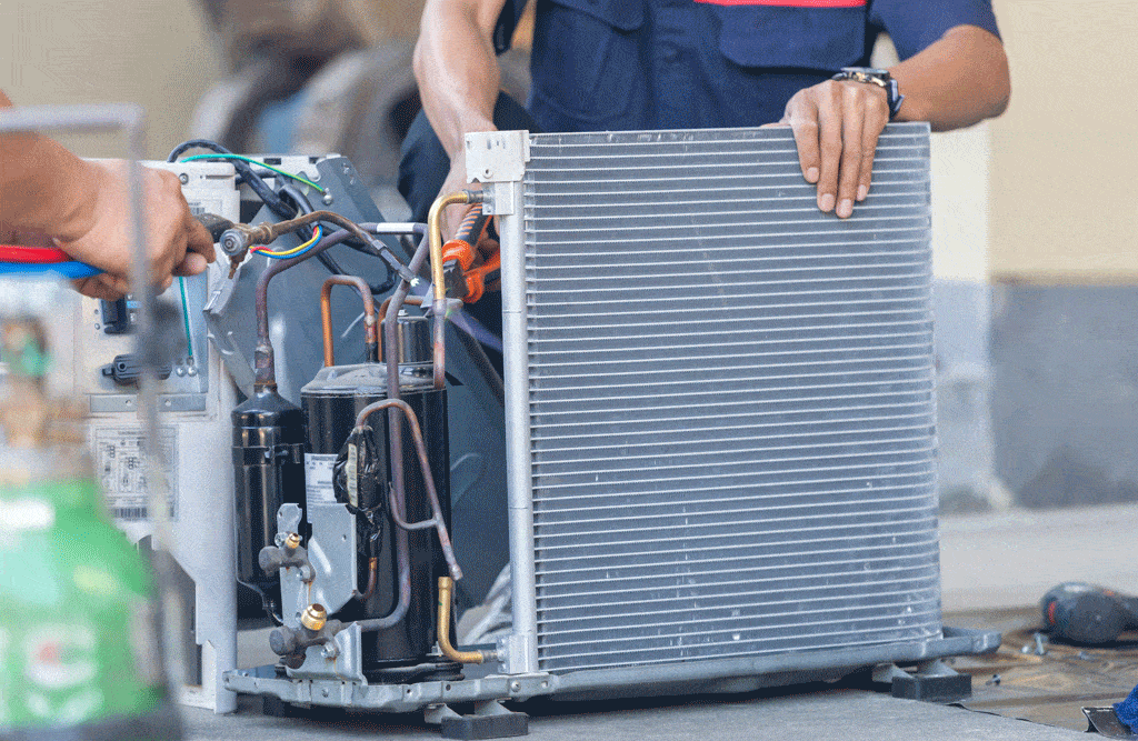 technician putting AC unit together | Air condtioner installation allen tx addison tx frisco tx 