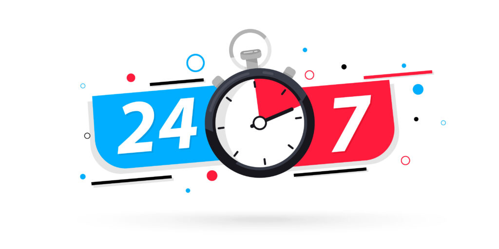 A vector illustration featuring a stopwatch icon, symbolizing 24/7 service for AC repair.