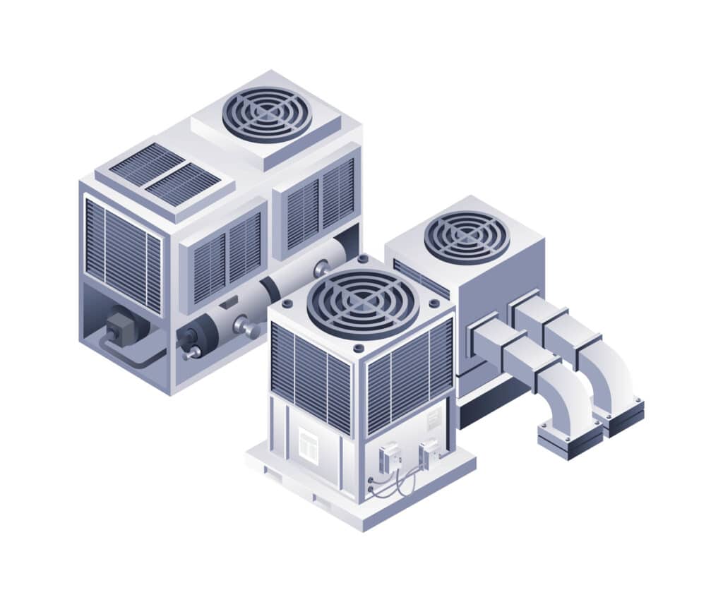 Flat isometric infographics featuring industrial HVAC refrigeration equipment, including Variable Refrigerant Flow (VRF) systems.